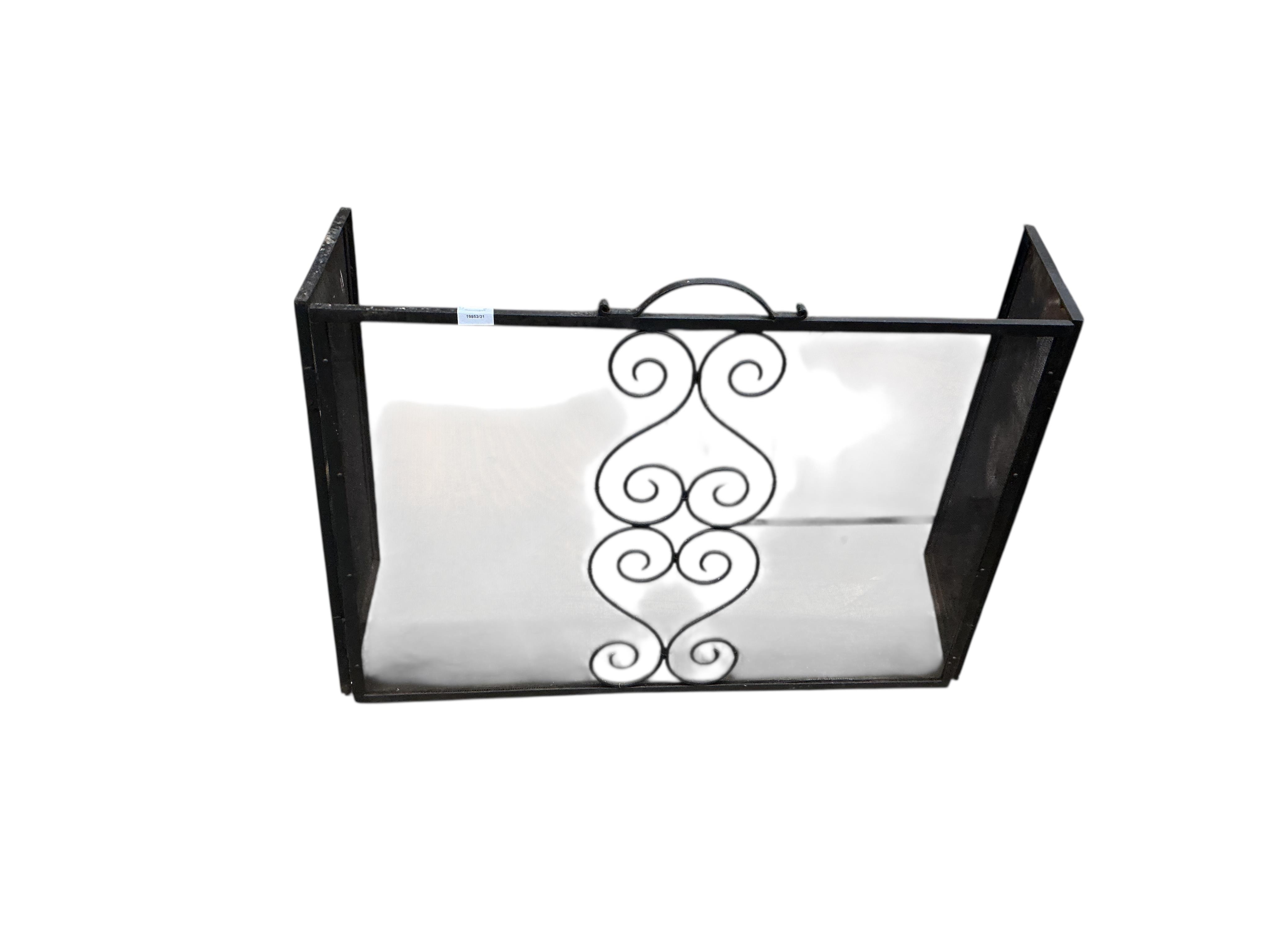 A pair of wrought iron and brass tipped fire dogs together with a black painted iron and wire mesh three fold spark guard and one other spark guard